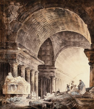 Un grande edificio a volta incrociata, con donne e bambini e un cane vicino a colonne rotte da Hubert Robert