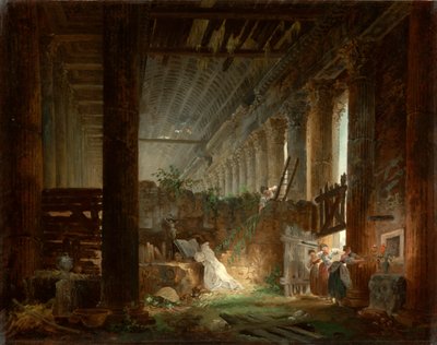 Un eremita che prega tra le rovine di un tempio romano da Hubert Robert