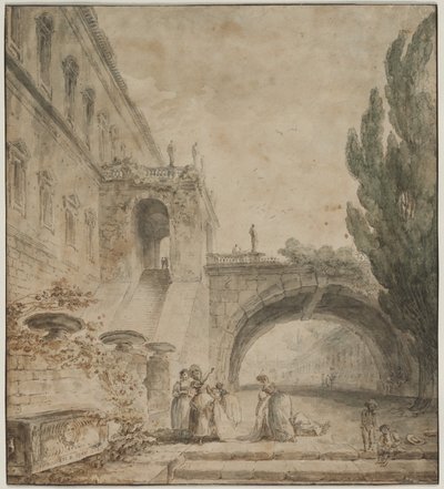 Un palazzo con un ponte ad arco, una villa romana, 1760 da Hubert Robert