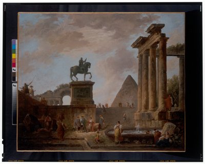 Un capriccio con trovatori e lavandaie presso una vasca tra rovine romane, una piramide oltre da Hubert Robert