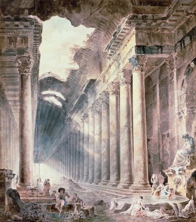 Edificio termale colonnato, il tetto parzialmente aperto al cielo, con ragazze che lavano i vestiti da Hubert Robert