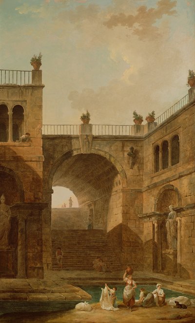 Scena Architettonica con Donne che Lavano i Panni in una Piscina da Hubert Robert