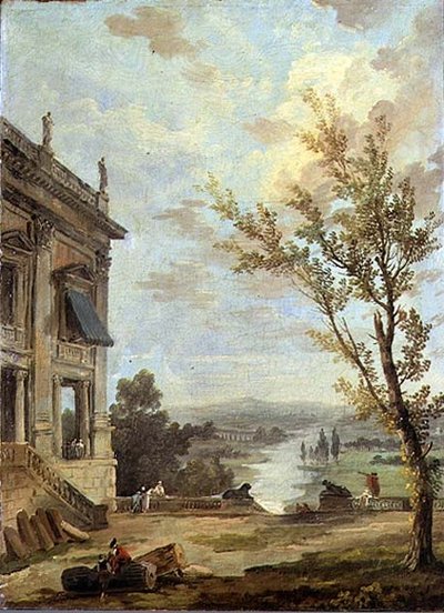 Paesaggio italianizzante con il Palazzo Nuovo del Campidoglio e gentiluomini su una terrazza, un fiume oltre da Hubert Robert