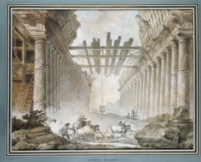 Gregge nelle rovine di un tempio disegnato da Hubert Robert