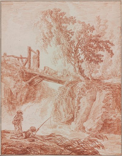 Mandriani che attraversano una cascata da Hubert Robert