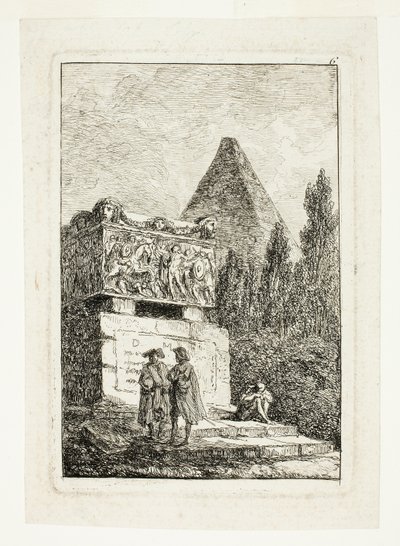 Paesaggio con piramide e sarcofago, sesto piatto da Les Soirées de Rome da Hubert Robert