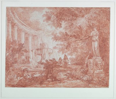 Parco con fontana e statua da Hubert Robert
