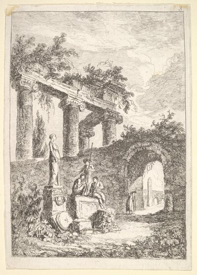 Piatto 3: La statua davanti alle rovine: una statua a sinistra accanto a tre figure su un p..., ca. 1763-64 da Hubert Robert