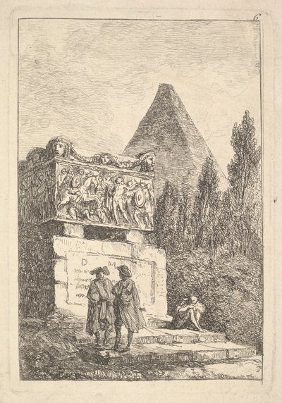 Tavola 6: Il Sarcofago: due uomini che conversano a sinistra, un altro uomo seduto e dorm... da Hubert Robert
