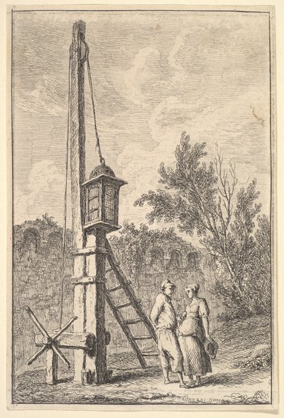 Tavola 9: La carrucola: un uomo e una donna che conversano a destra, una lanterna appesa a un palo..., ca. 1763-64 da Hubert Robert