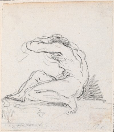 Nudo maschile seduto con braccio sopra la testa, visto di lato da Hubert Robert
