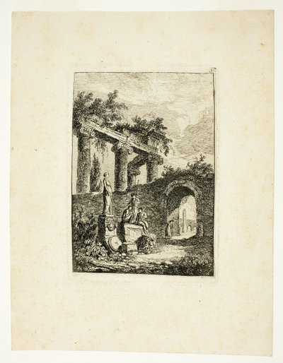 La statua davanti alle rovine, terza lastra da Les Soirées de Rome da Hubert Robert
