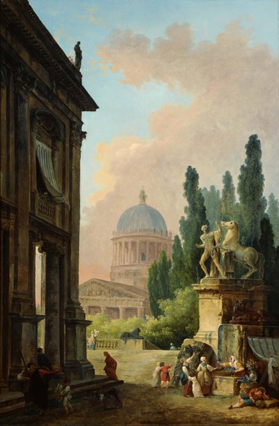 Veduta di Roma con il domatore di cavalli del Monte Cavallo, 1786 da Hubert Robert