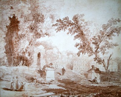 Veduta di un giardino con terrazza da Hubert Robert
