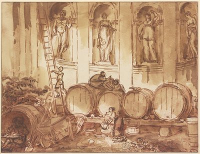 Cantina in una sala a nicchie con quattro statue di divinità antiche da Hubert Robert