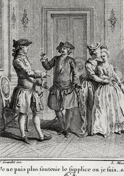 Non posso più sopportare i tormenti qui dove sono, illustrazione per Eugenie di Beaumarchais, incisa da Louis Joseph Masquelier (1741-1811) da Hubert after Gravelot