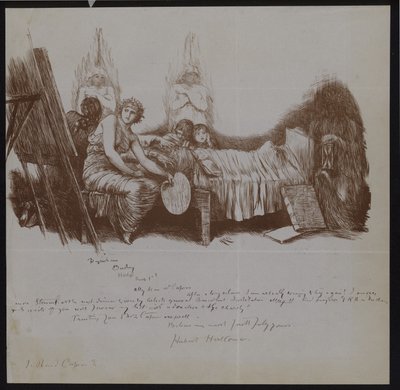 Scena di un letto di morte con bambini e figure allegoriche tra cui un artista con cavalletto da Hubert von Herkomer