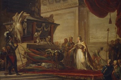Caterina II depone i trofei della Battaglia di Chesma sulla tomba di Pietro il Grande, 1791 da Hüne