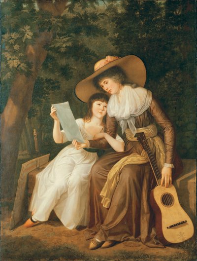 Doppio ritratto di Mary, contessa di Erne, con sua figlia Lady Caroline Crichton, poi Lady Wharncliffe, a figura intera, sedute, la prima in un vestito marrone con una fascia gialla, che indossa un grande cappello di paglia da Hugh Douglas Hamilton
