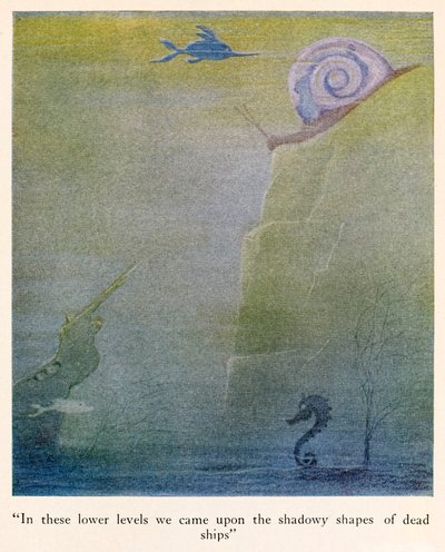 "A questi livelli inferiori ci siamo imbattuti nelle forme ombrose di navi morte" illustrazione da I viaggi del dottor Dolittle da Hugh Lofting