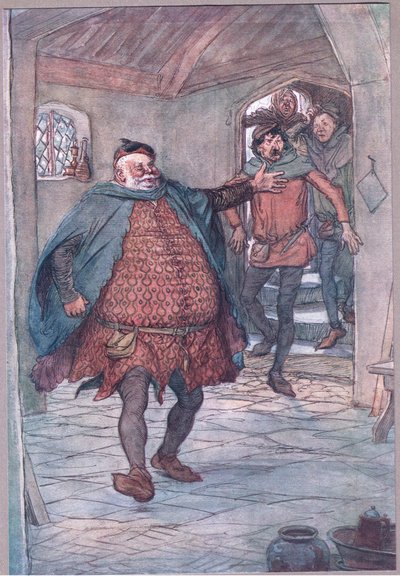 Entrano Falstaff, pistola, Nym e Bardolph (illustrazione da Le allegre comari di Windsor, 1910) da Hugh Thomson