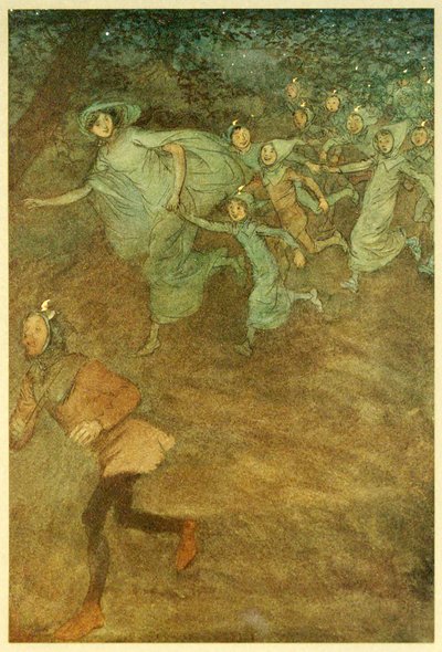 Entra Sir Hugh Evans, Anne Page e altri, da Le allegre comari di Windsor, pub. 1910 da Hugh Thomson