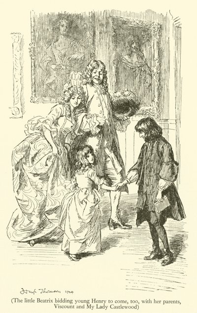 La Piccola Beatrix che Invita il Giovane Henry a Venire, con i Suoi Genitori, Visconte e Mia Signora Castlewood da Hugh Thomson