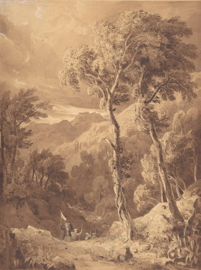 Paesaggio montuoso con un gruppo di viaggiatori sulla riva del fiume Pellene Acaia da Hugh William Williams