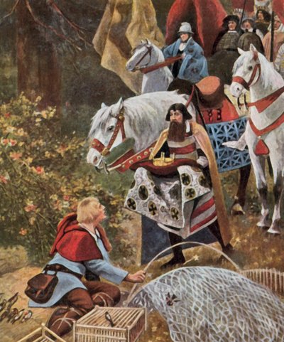 La corona reale tedesca viene presentata a Enrico il Fowler, 919 (litografia a colori ingrandita) da Hugo (after) Vogel