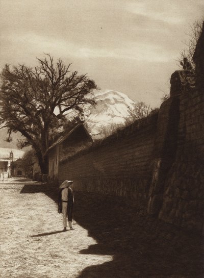 Messico: strada di Amecameca con vista sul Popocatepetl (foto b/n) da Hugo Brehme