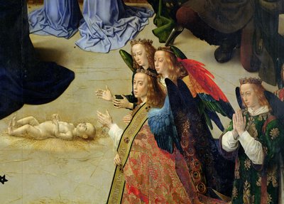 Pala Portinari, dettaglio dei quattro angeli e del bambino da Hugo van der Goes