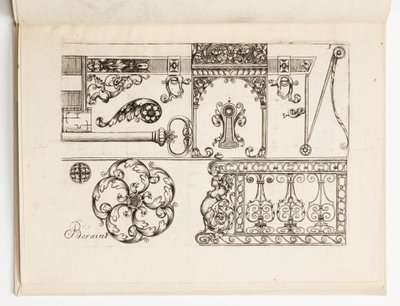 Piatto 5, da Diverses pièces de serruriers (Vari disegni per fabbri) da Hugues Brisville