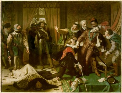 Assassinio di Enrico III (1551-1589) da parte di Jacques Clement (1567-1589), un religioso domenicano sostenitore della Lega Cattolica, il 1 agosto da Hugues Merle