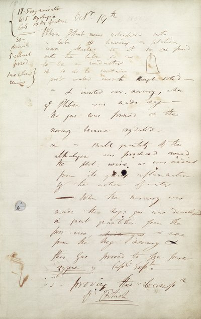 Potassio: appunti di Sir Humphrey Davy del suo esperimento che portò alla scoperta del potassio, 1807 da Humphry Davy