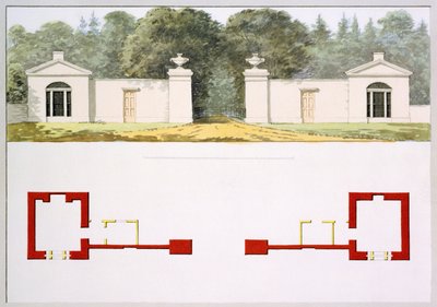Elevazione e piante del piano del nuovo ingresso proposto e dei padiglioni, dal Red Book per Antony House, c.1812 da Humphry Repton