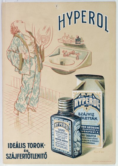 Pubblicità per le compresse di collutorio Hyperol, 1930 da Hungarian School