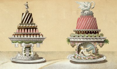 Progetto per la presentazione di Charlottes a la Reine & Pain de Framboises a la Leda, illustrazione da un libro di cucina ungherese sulla cucina francese, c.1880 da Hungarian School