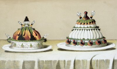 Progetto per la presentazione di pollo ripieno di foie gras e petti di fagiano cotti alla maniera di Berthold, illustrazione da un libro di cucina ungherese sulla cucina francese, c.1880 da Hungarian School