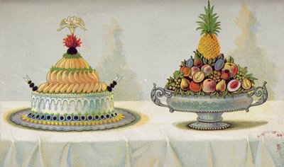 Progetto per la presentazione di pollo con maionese e aspic su un letto di burro e ghiaccio e frutta, illustrazione da un libro di cucina ungherese sulla cucina francese, c.1880 da Hungarian School