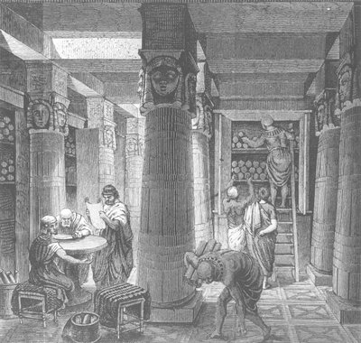 Ricostruzione immaginaria della Biblioteca di Tolomeo ad Alessandria, Egitto, da Histoire Generale des Peuples da Hungarian School