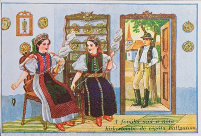 Cartolina raffigurante donne in abiti tradizionali ungheresi che filano e cantano la canzone popolare Canta una canzone alla rana, c.1940 da Hungarian School