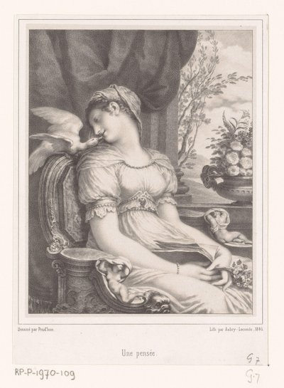 Donna seduta con libro e uccello bianco da Hyacinthe Louis Victor Jean Baptiste Aubry Lecomte