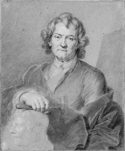 Ritratto di Pierre Puget, con la mano destra che tiene un martello e poggia su una testa scolpita da Hyacinthe Francois Rigaud