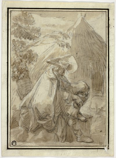 Uomo seduto con mantello di Thatched Hut da III Follower of Herman Saftleven