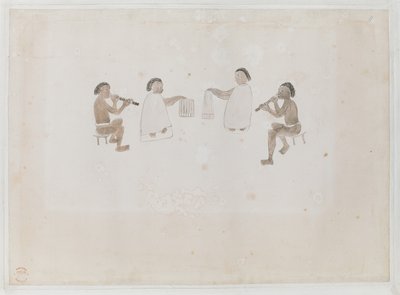 Musicisti di Tahiti. Quattro tahitiani, due vestiti con il mare suonano il flauto nasale; due vestiti con il tiputa battono i tamburi, registrato nel diario di Joseph Banks I, 290 da I. F. Miller