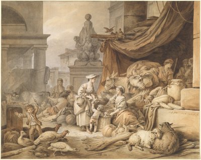 Scena di mercato con una scultura fantastica da I Jean Baptiste Hüet