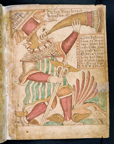 Heimdal che suona il suo corno prima del Ragnarok, da Melsteds Edda (penna e inchiostro e acquerello su carta) da Icelandic School