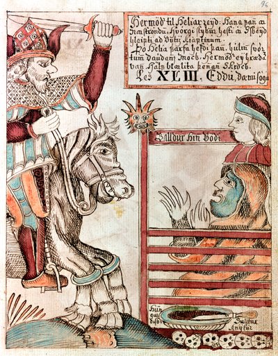 Hermod a cavallo di Sleipnir, il famoso cavallo a otto zampe di suo padre, ai cancelli sbarrati del Regno di Hel da Icelandic School