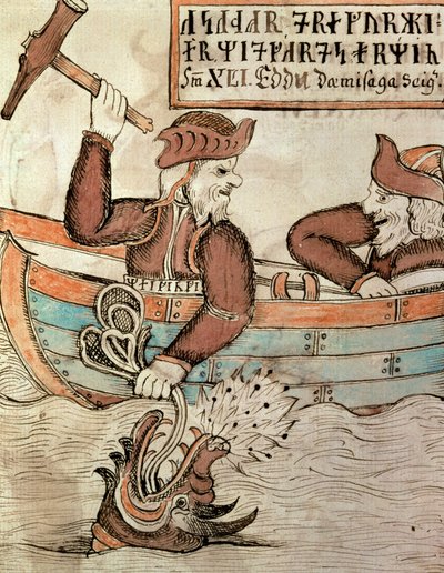 Thor che pesca il serpente di Midgard dalla barca del gigante Hymir da Icelandic School