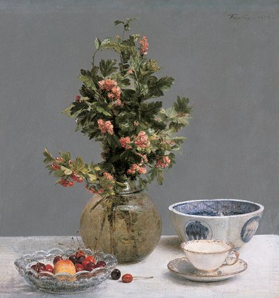 Natura morta con vaso di biancospino, ciotola di ciliegie, ciotola giapponese e tazza e piattino da Ignace Henri Jean Fantin Latour
